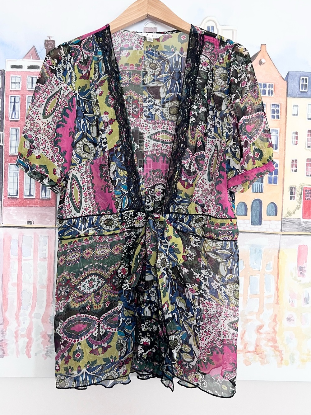 CAbi Sheer Floral Open Front Lightweight Topper/Swimsuit Coverup Size L